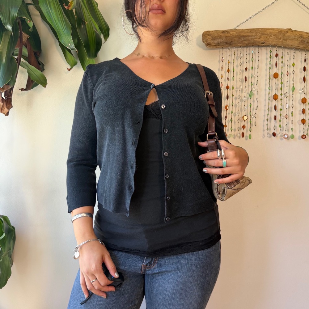 Spenser Jeremy Petite Black Silk Blend Button Front Cardigan Sweater PL